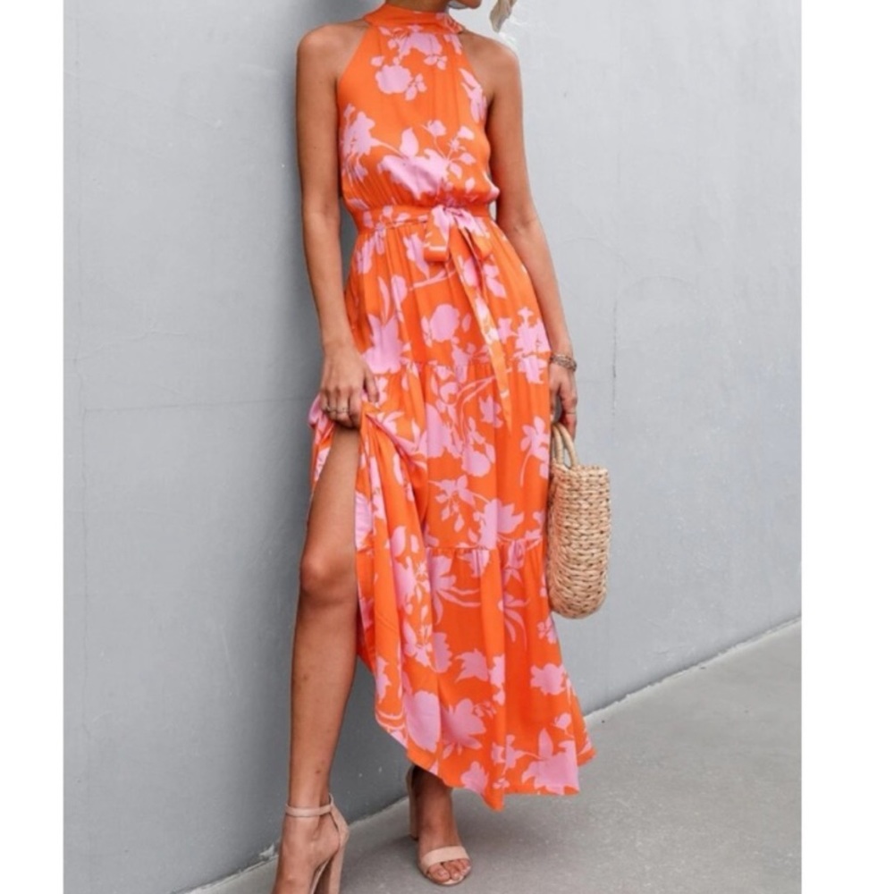 Boho pink  floral print belted halter maxi dress - Picture 12 of 14